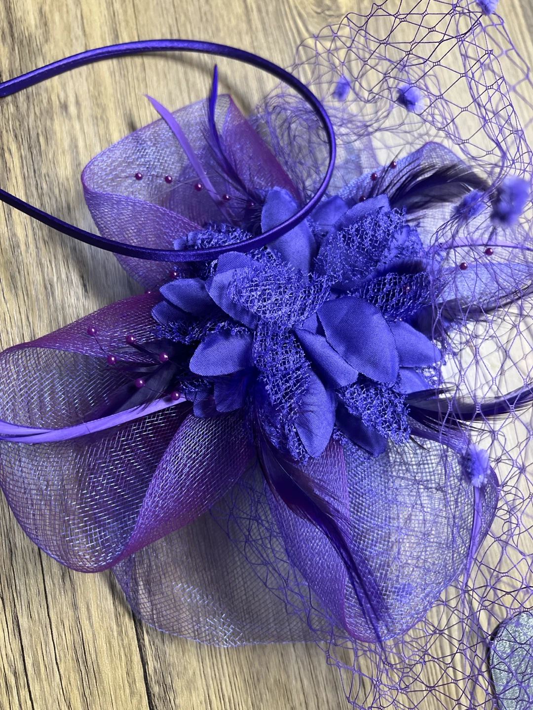 Purple Fascinator Headband with Feathers and Netting