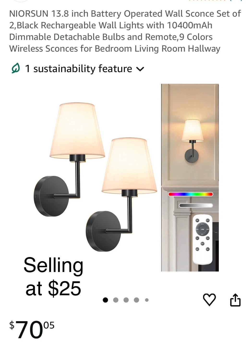NIORSUN 13.8 inch Black Battery Operated Wall Sconce Set of 2