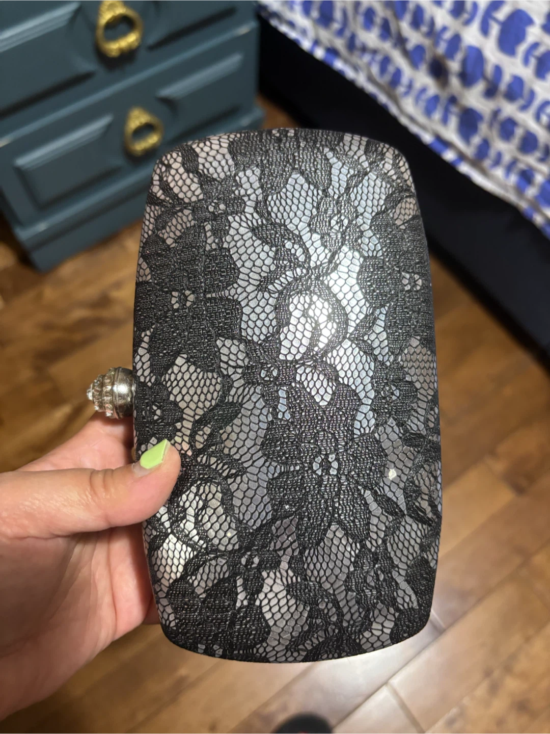 Clutch Purse with Lace Overlay and Rhinestone Clasp