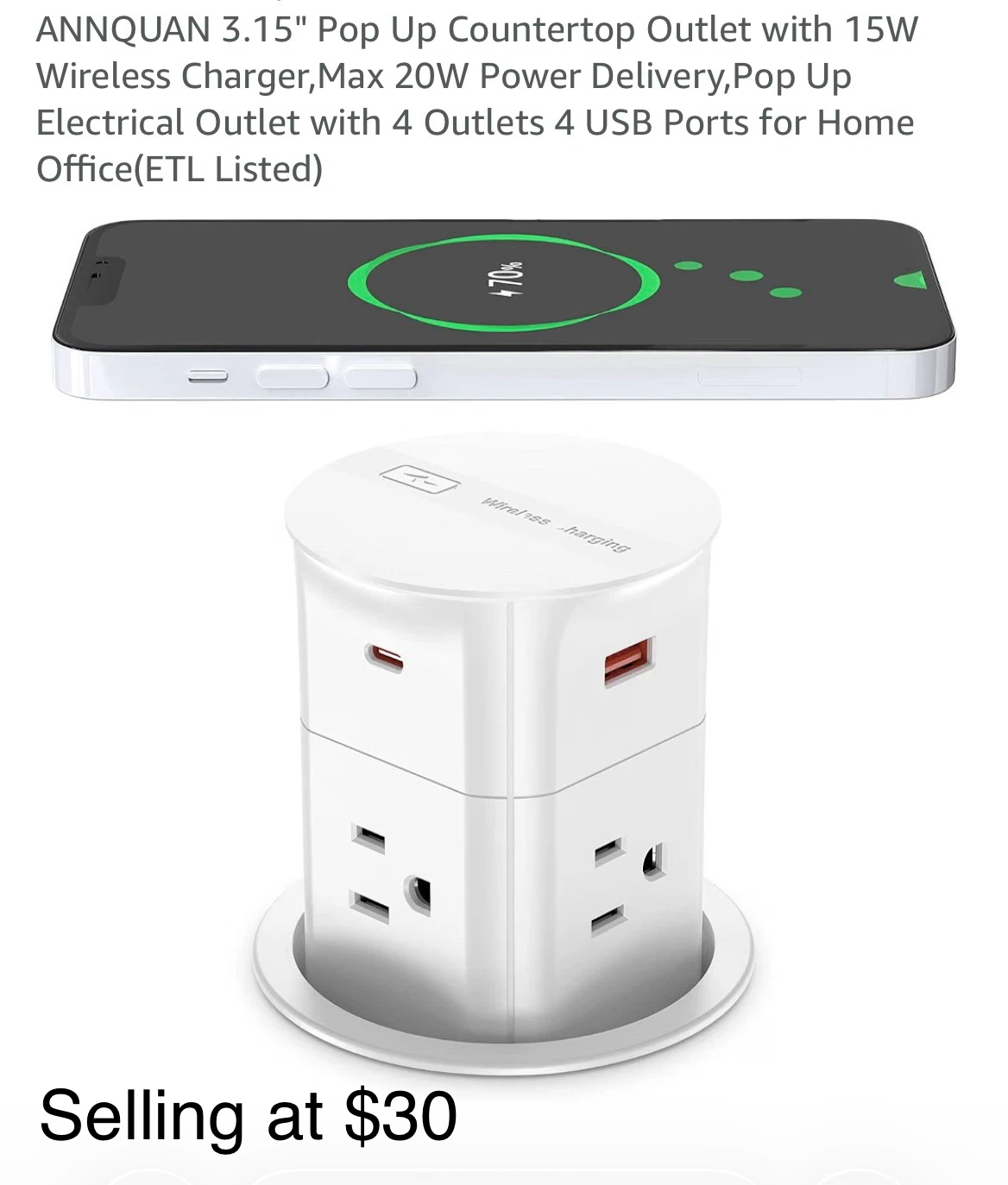 ANNQUAN 3.15" Pop Up Countertop Outlet with Wireless Charger