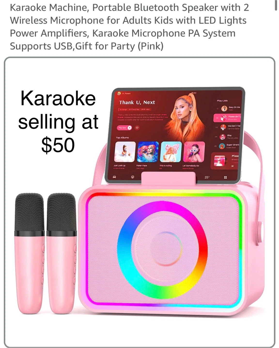 Pink Portable Karaoke Machine with 2 Wireless Microphones