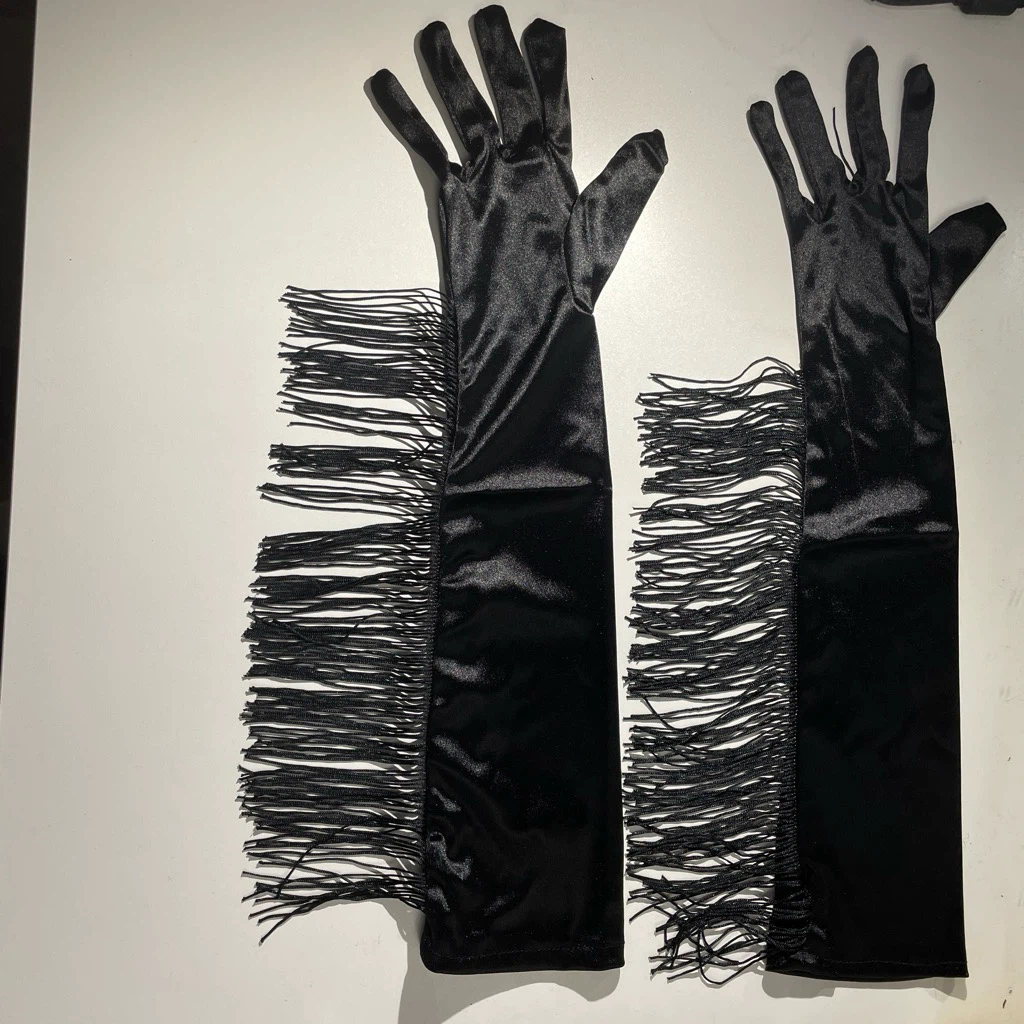 Black Satin Long Gloves with Fringe