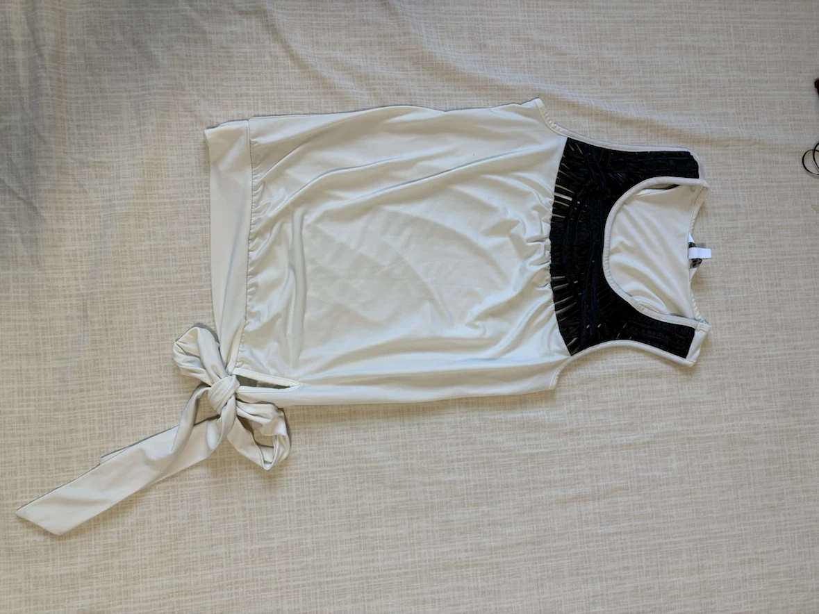 White Sleeveless Top with Black Embellishment and Tie