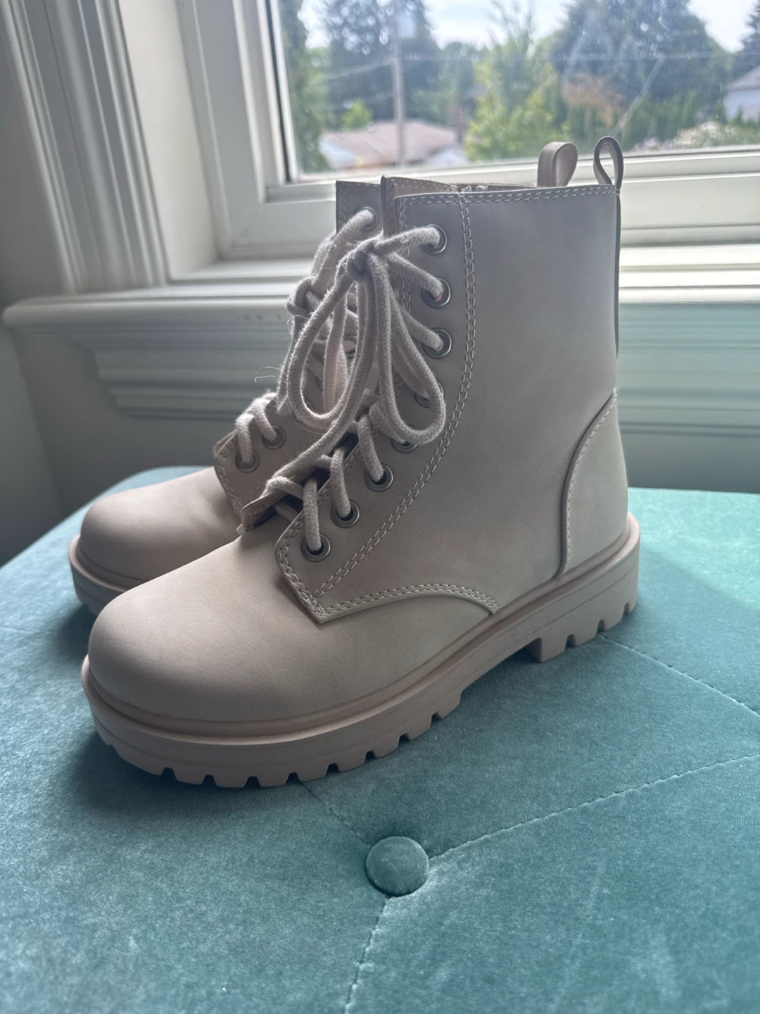 Beige Lace-Up Combat Boots