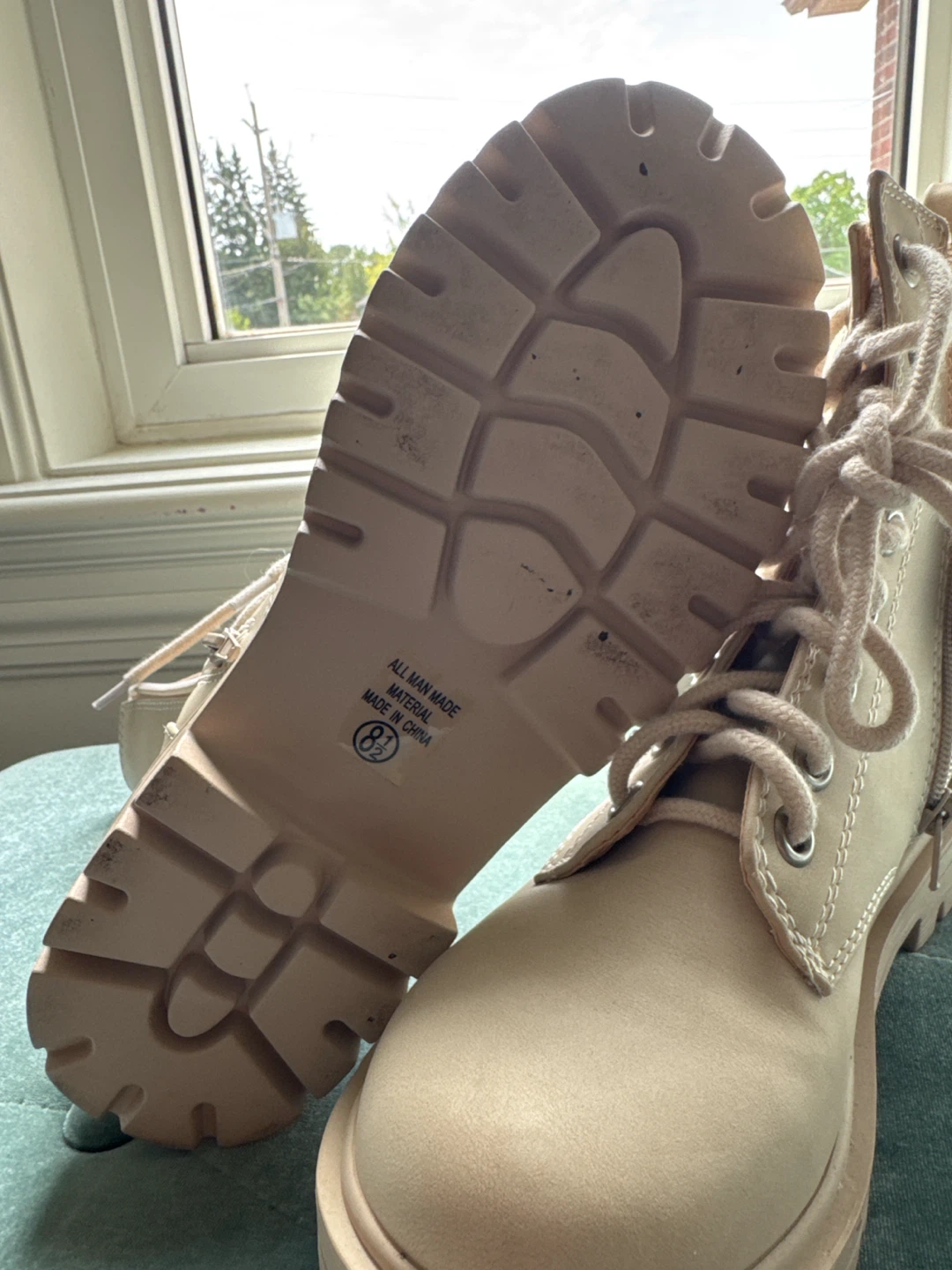 Beige Lace-Up Combat Boots - photo 2