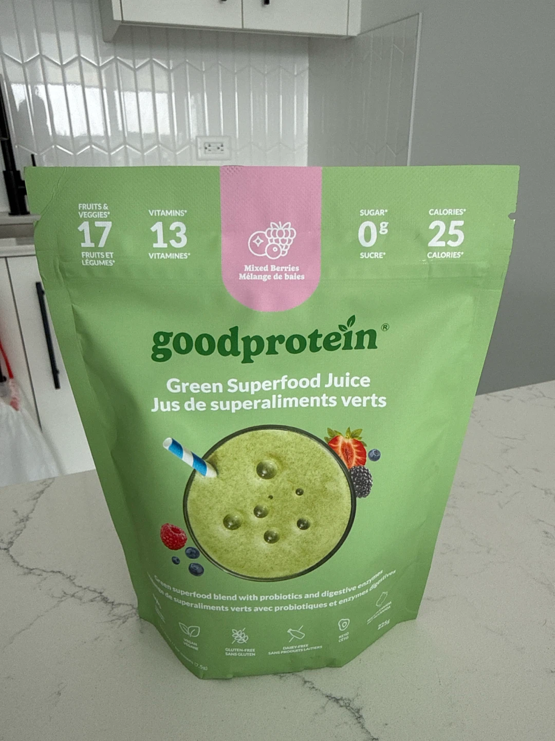 UNOPENED GoodProtein Green Superfood Juice Mixed Berries 225g