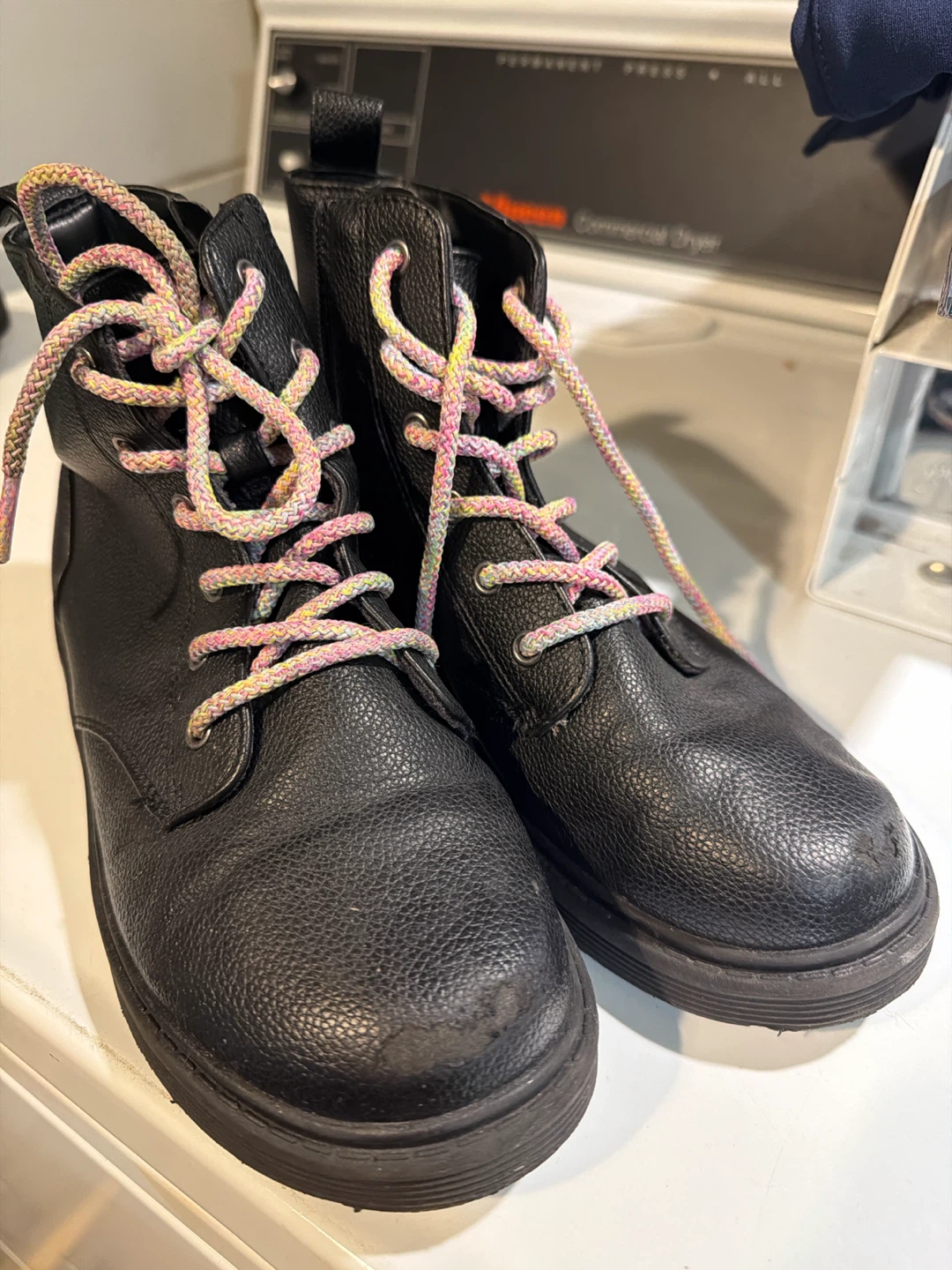 Black Combat Boots with Pink and Yellow Laces - Size 4