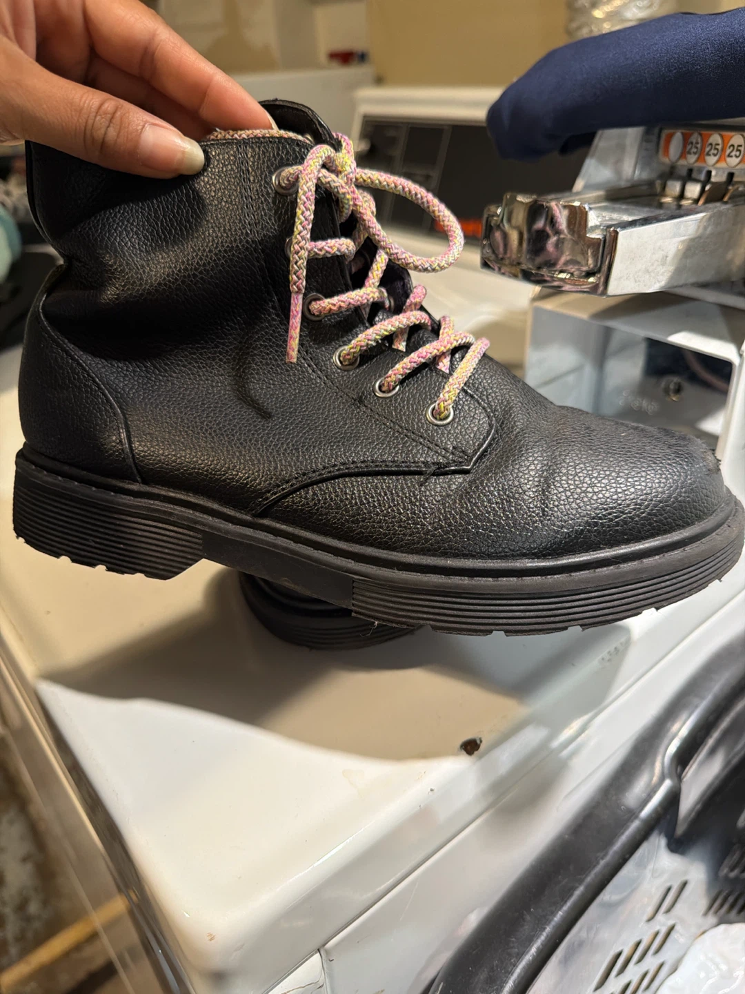 Black Combat Boots with Pink and Yellow Laces - Size 4 - photo 2