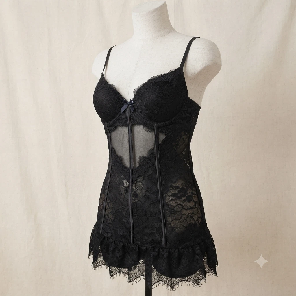 Cinema Etoile Black Lace Mesh Bustier Babydoll Underwire Size S