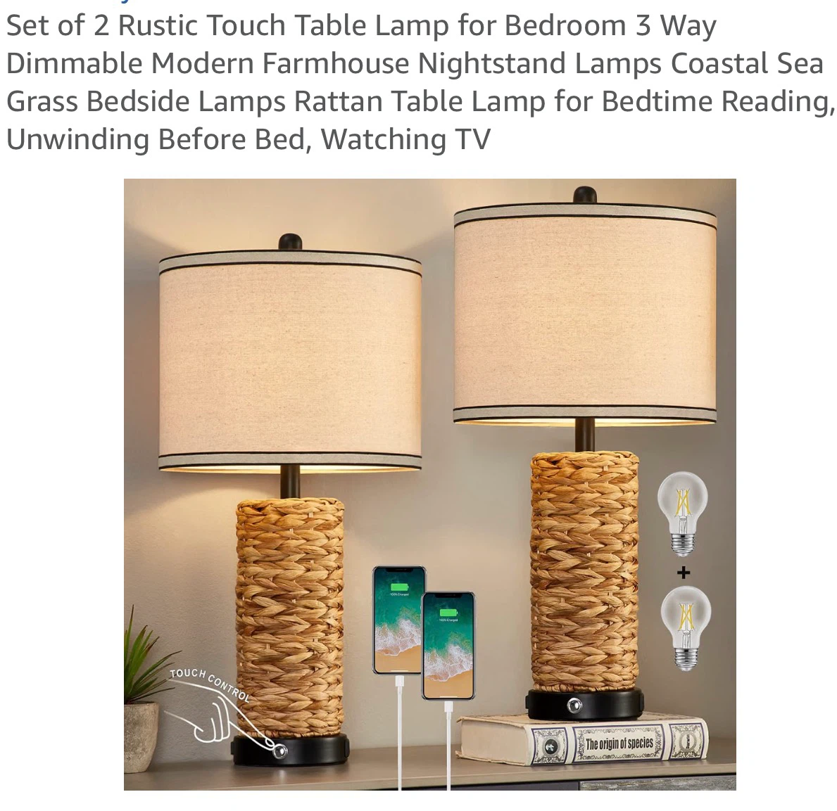Set of 2 Rustic Touch Table Lamps with USB Ports RT2