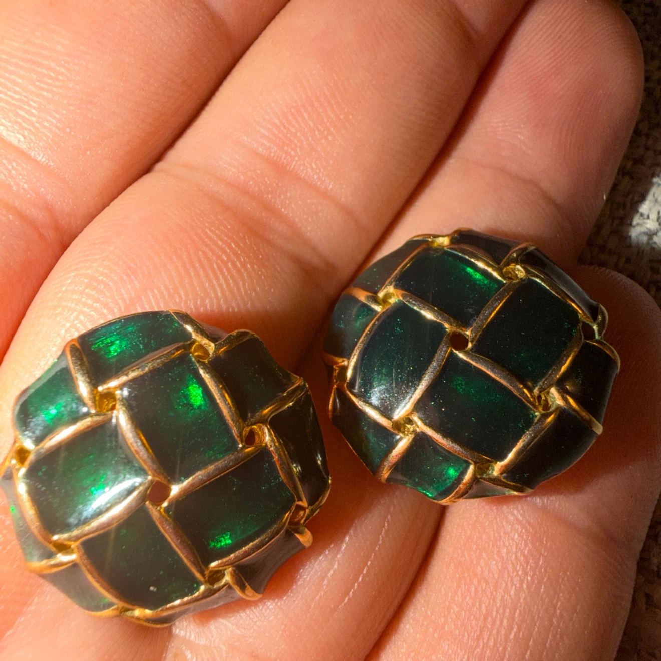 Vintage Gold Tone Green Enamel Clip-On Earrings