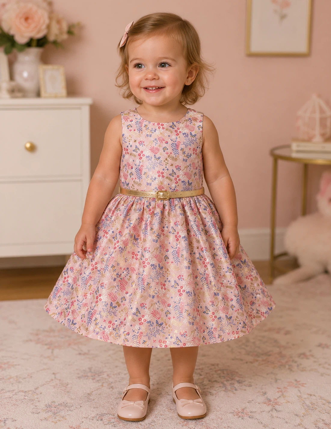 NEW Girls Floral Summer Dress, Gold Shimmer Size 2-3Y (90-102cm)