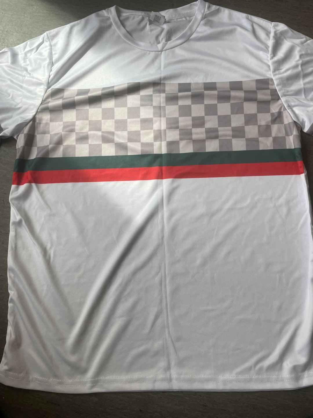 White T-Shirt with Checkerboard and Stripe Design