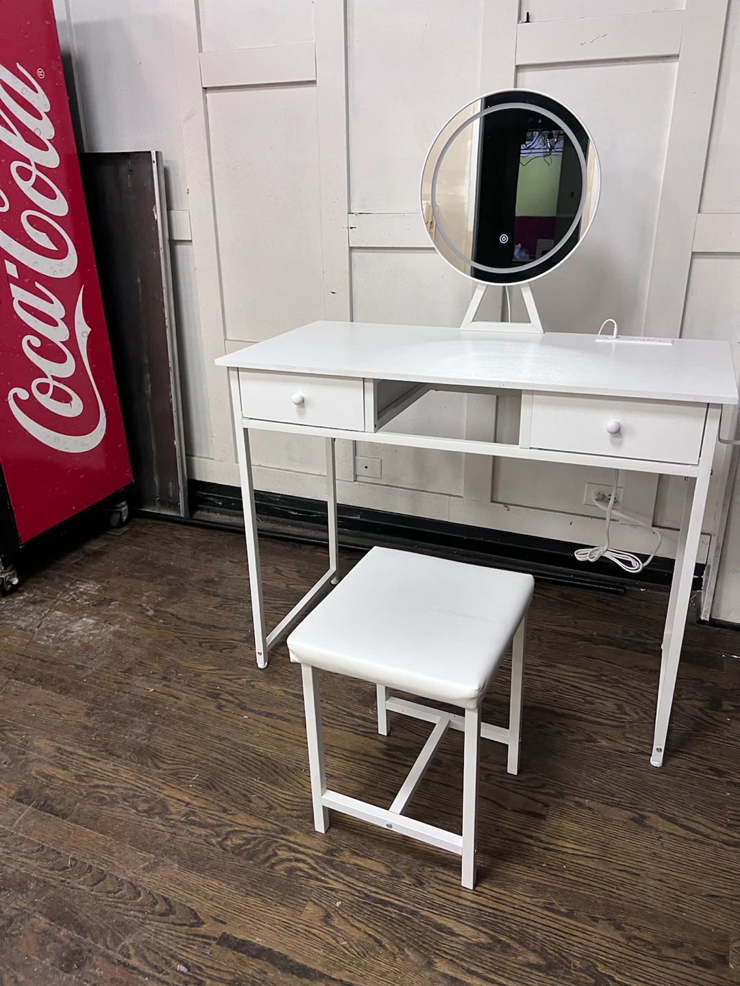 White Vanity Desk with Light-Up Mirror and Stool