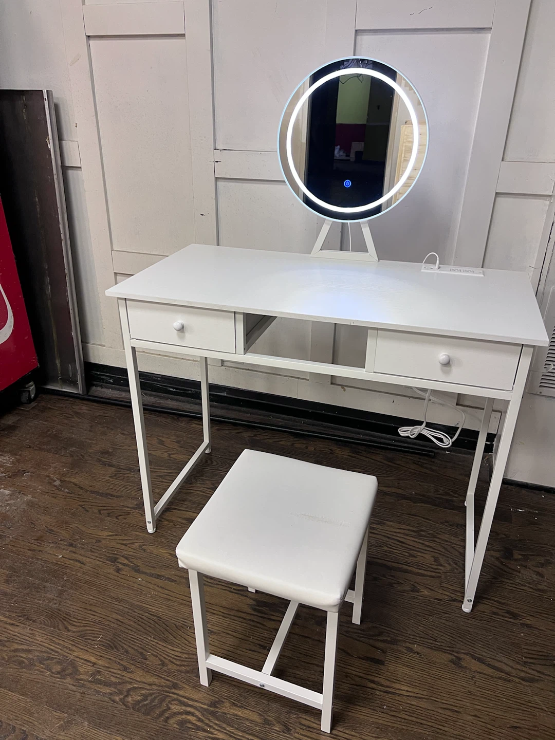 White Vanity Desk with Light-Up Mirror and Stool - photo 2