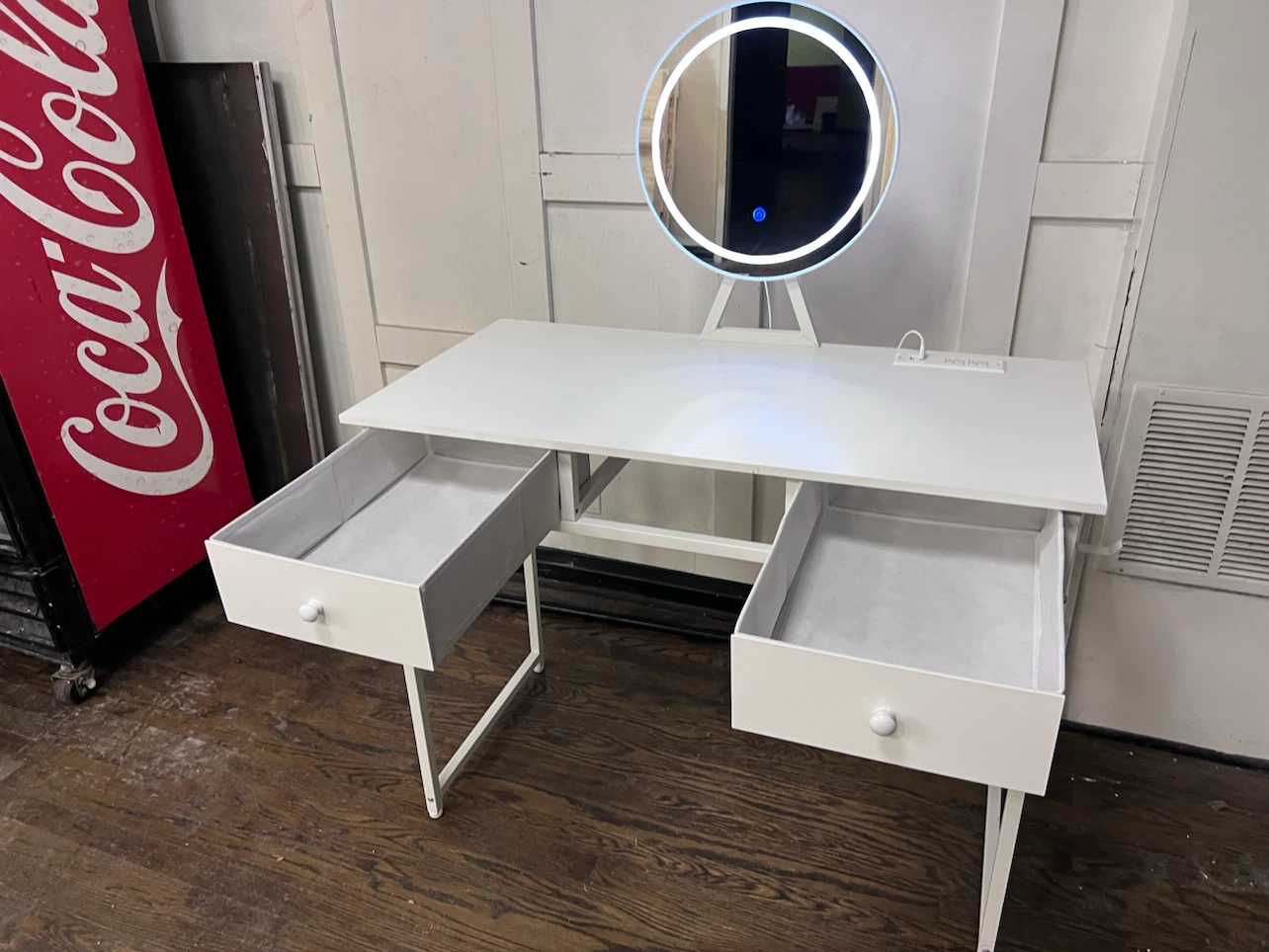 White Vanity Desk with Light-Up Mirror and Stool - photo 3
