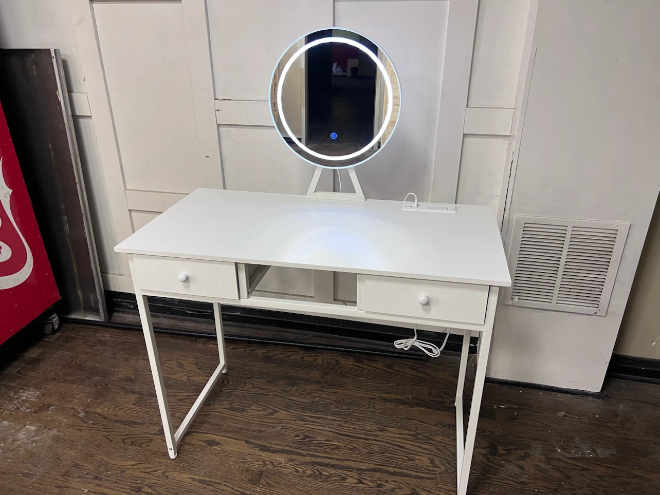 White Vanity Desk with Light-Up Mirror and Stool - photo 4