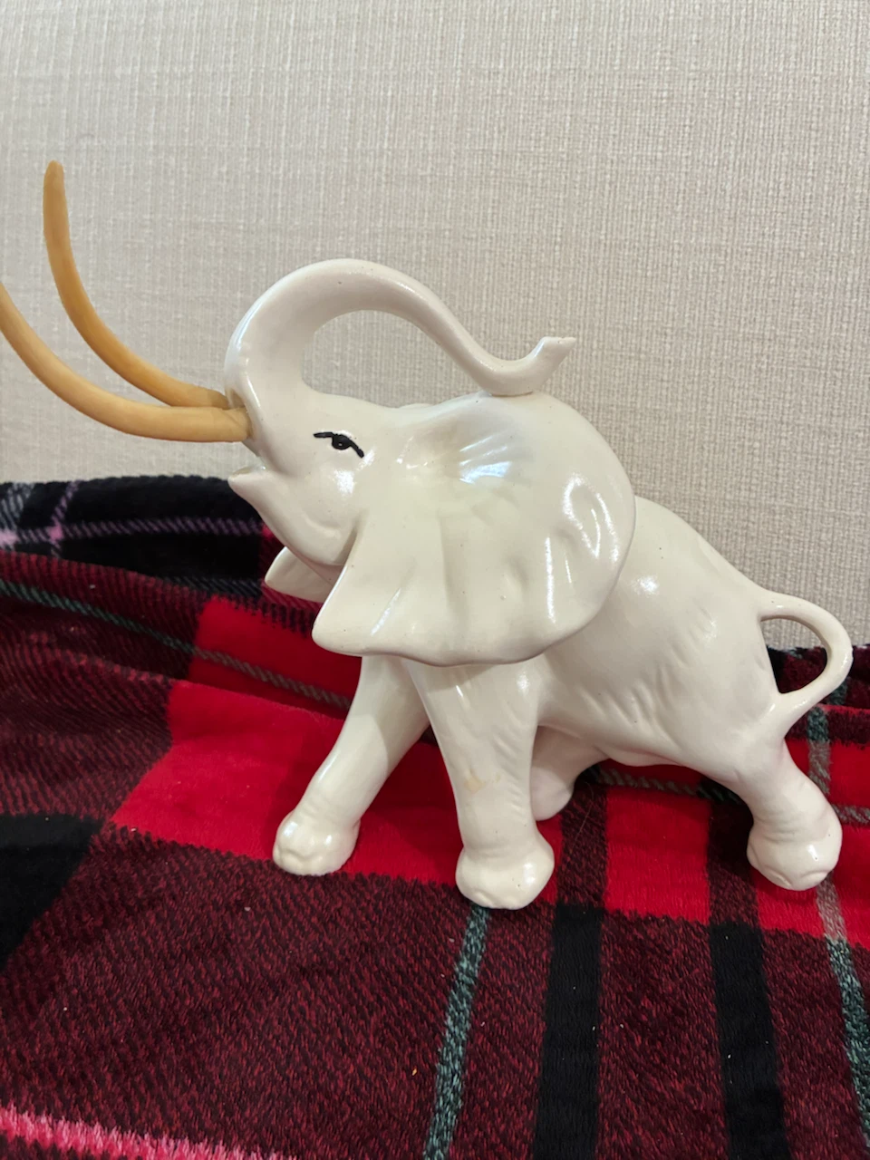 White Ceramic Elephant Figurine with Tusk Details