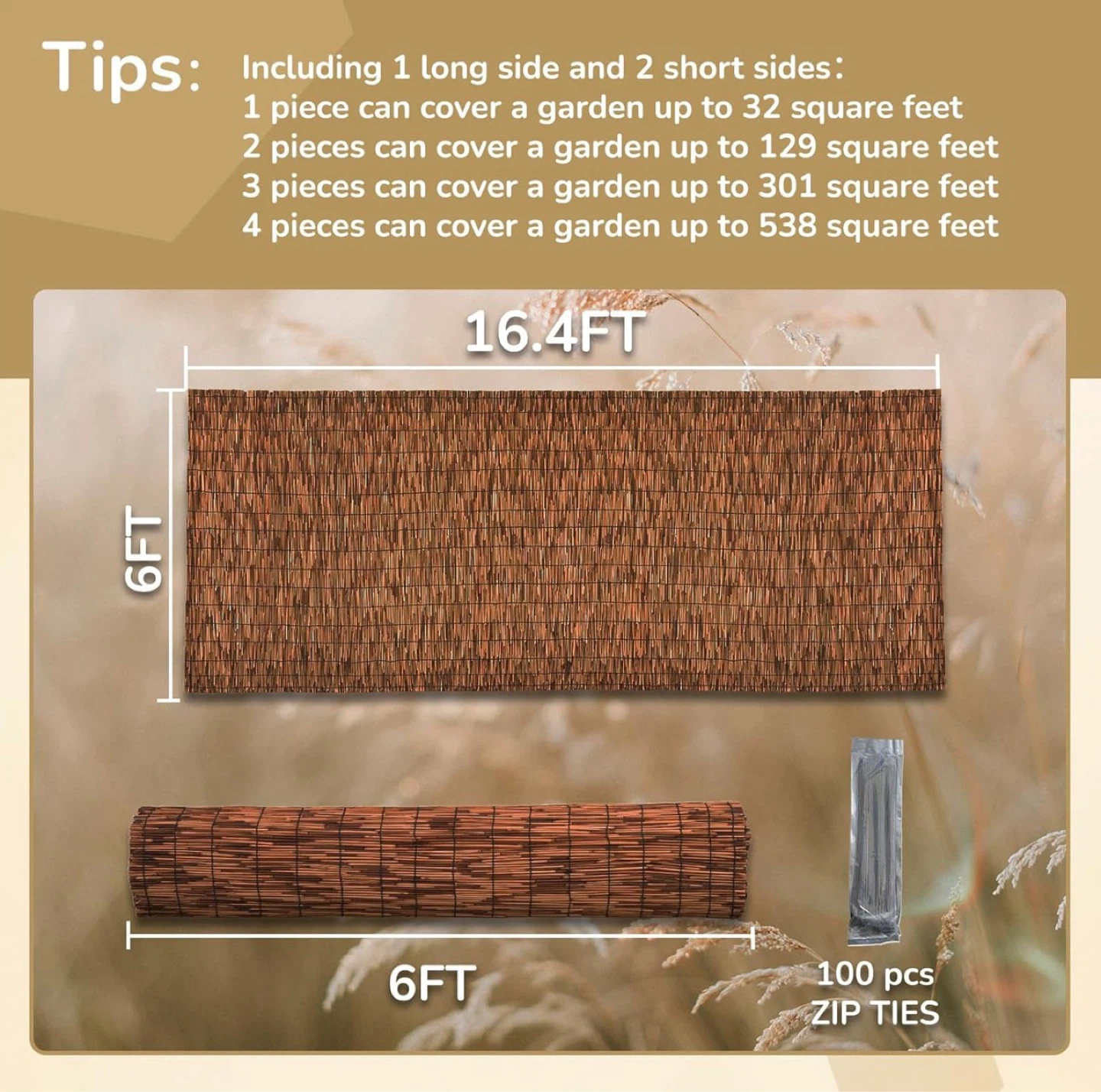 Brown 6FT X16.4FT Reed Fencing Roll Bamboo Privacy Fence Screen - photo 3