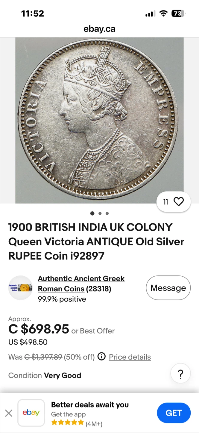 Silver Biritish Victoria India 1892 One Rupee Coin - photo 3