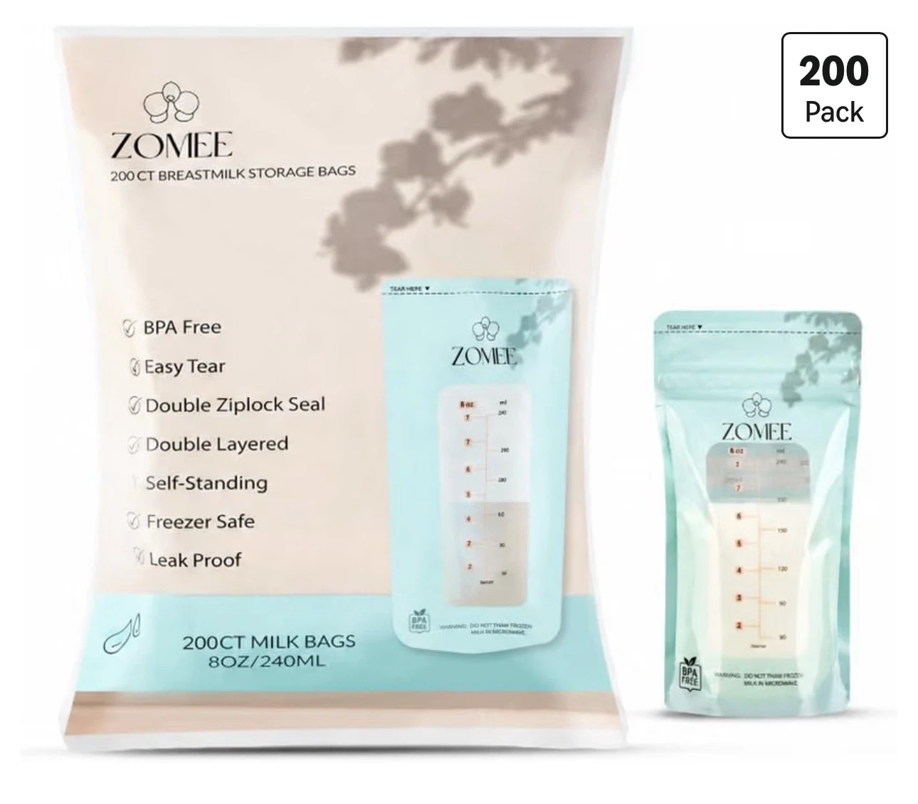 Zomee 200 Count Breastmilk Storage Bags 8oz/240ml
