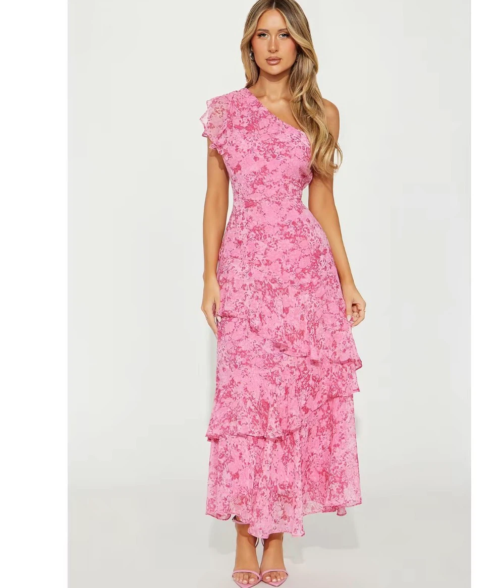Pink Floral One-Shoulder Tiered Dress