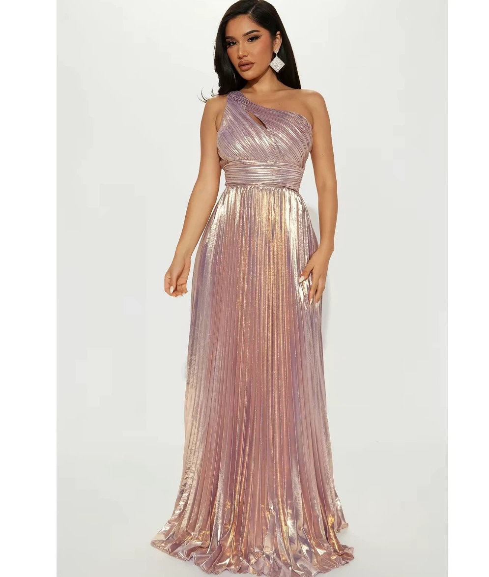 Metallic One-Shoulder Pleated Gown