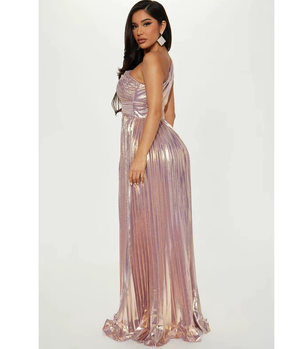 Metallic One-Shoulder Pleated Gown - photo 2