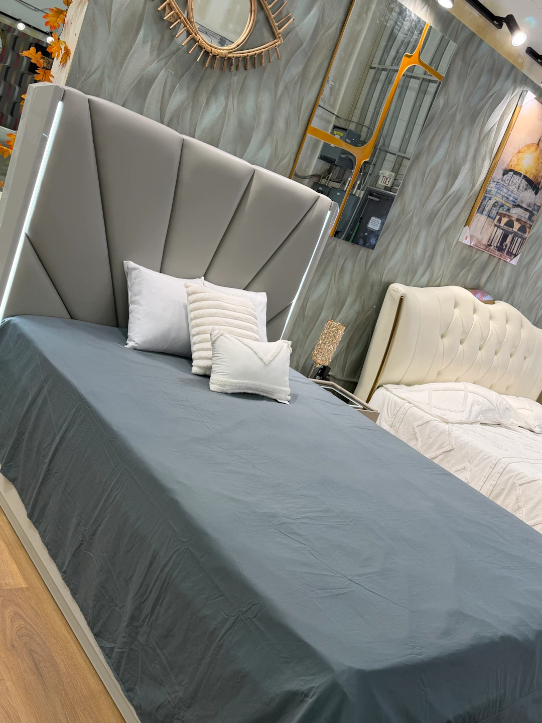 Modern Grey Upholstered Bed Frame with LED Headboard