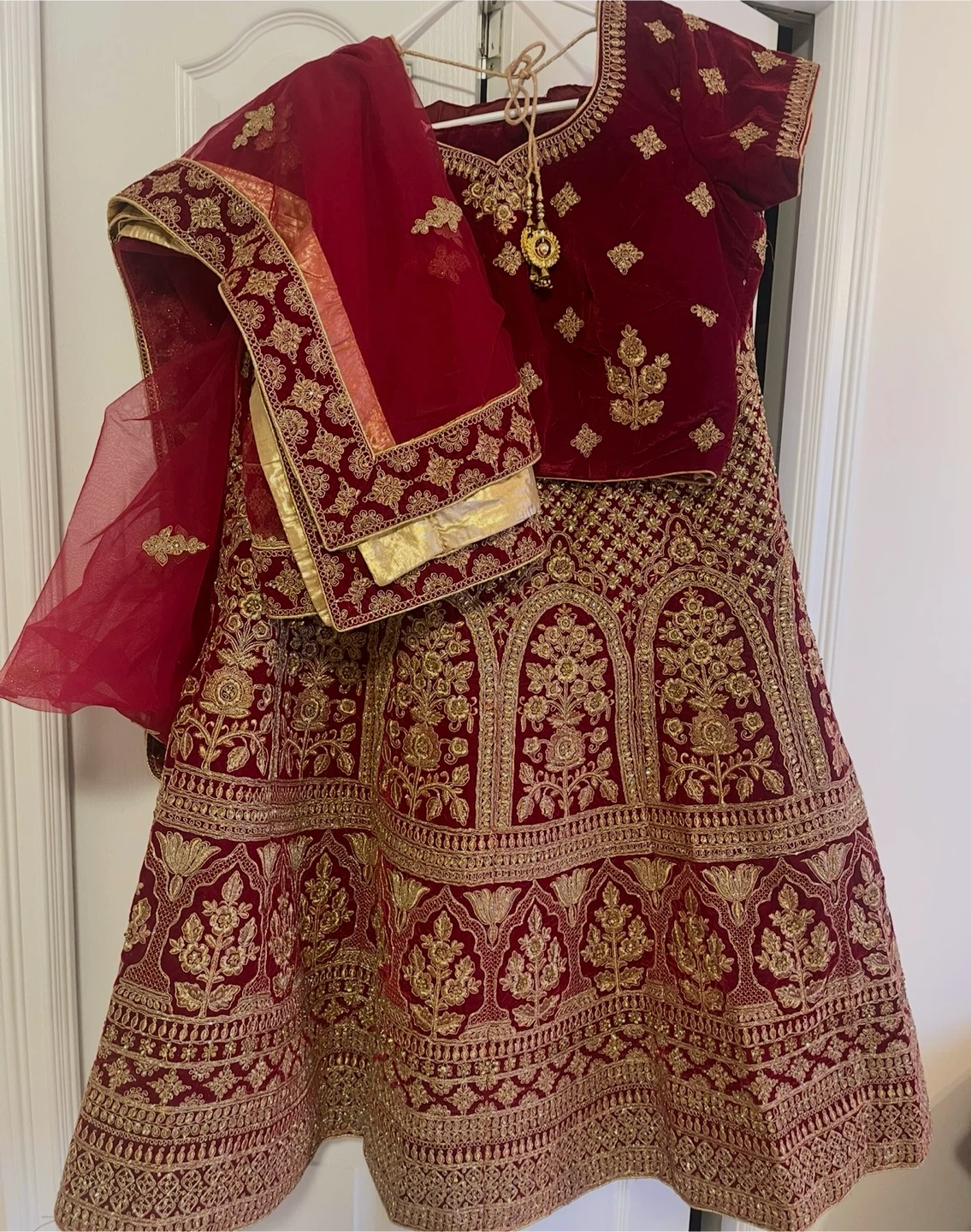 Red Velvet Lehenga Choli with Gold Embroidery