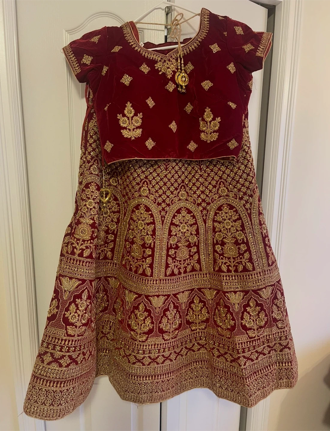 Red Velvet Lehenga Choli with Gold Embroidery - photo 4