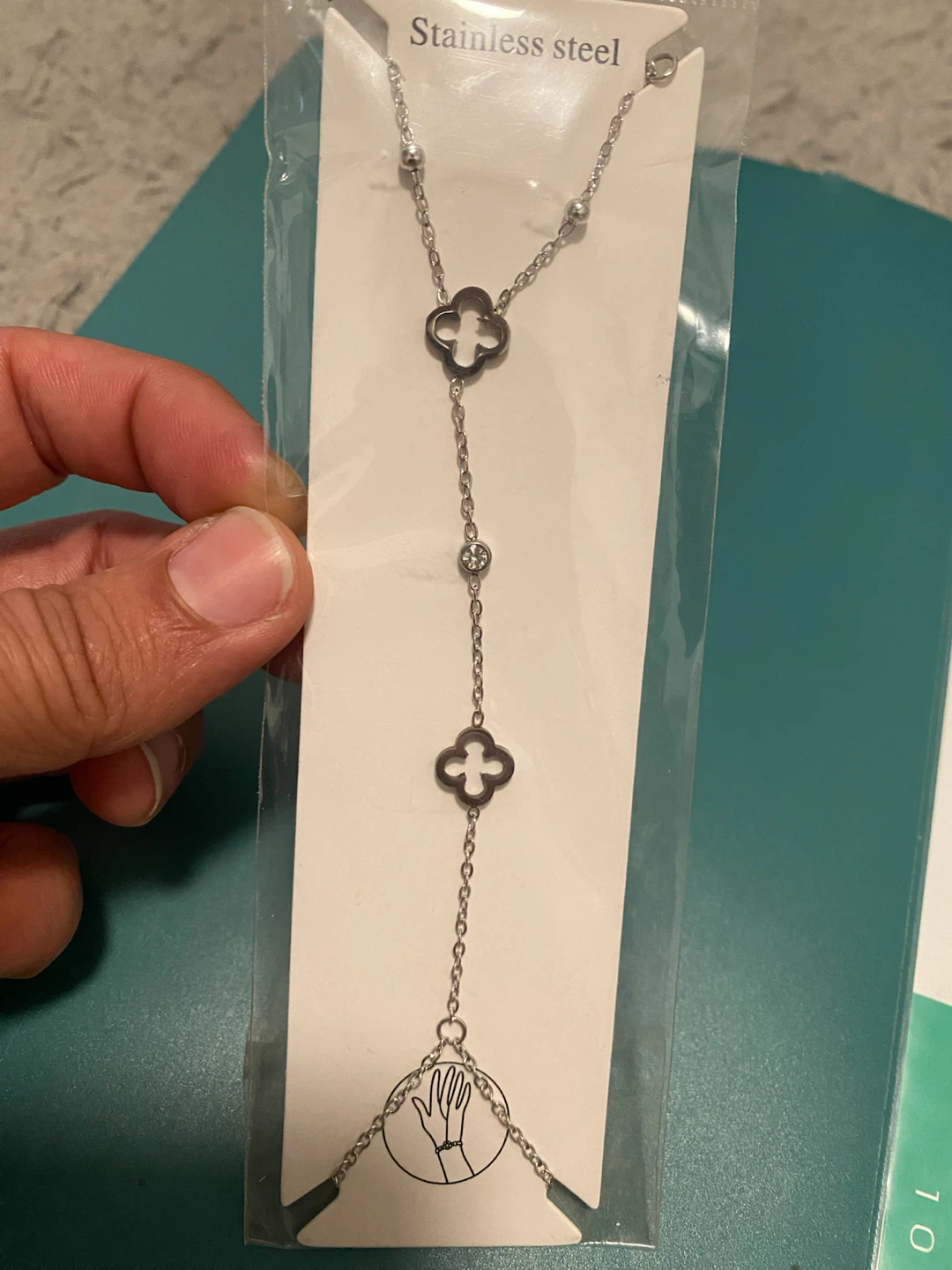New (Unused) Stainless Steel Clover Charm Ring Chain Bracelet