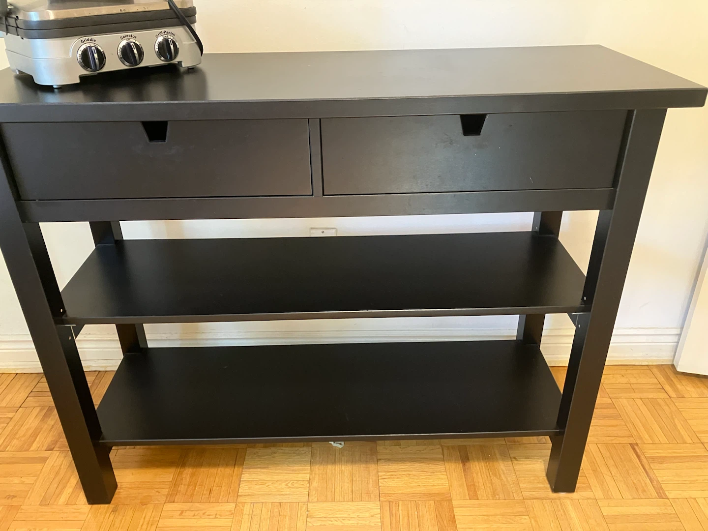 Black Console Table with Drawers and Shelves