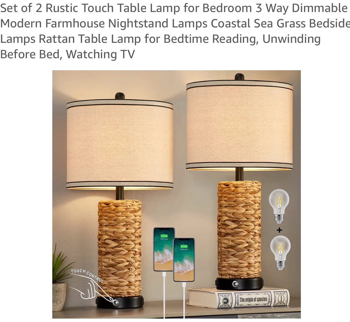 Rustic Seagrass Table Lamp - 3-Way Dimmable Touch Control RT2