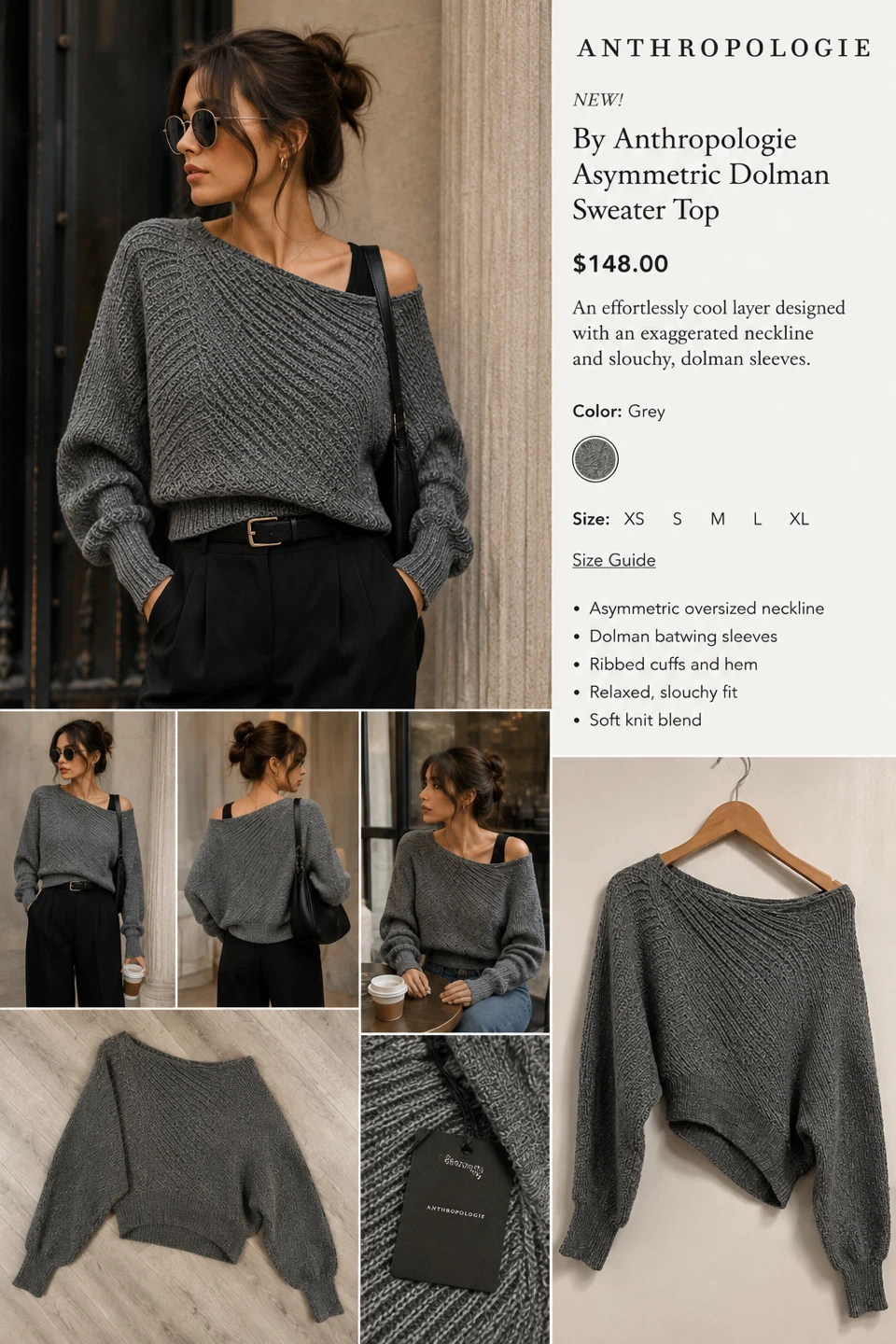 Anthropologie Grey Asymmetric Dolman Sweater Top - All - photo 4