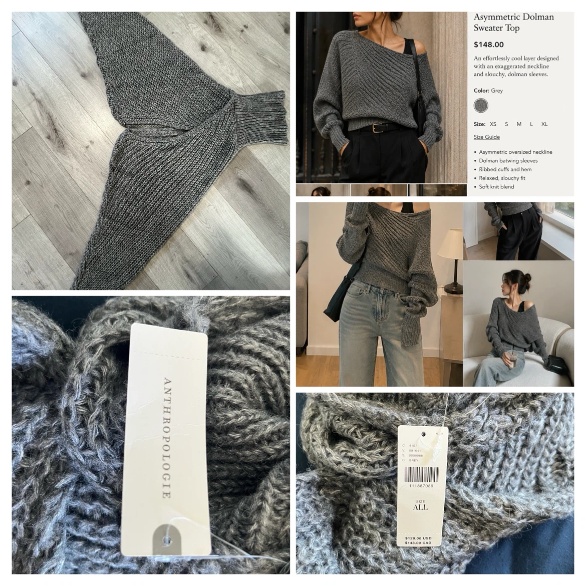 Anthropologie Grey Asymmetric Dolman Sweater Top - All - photo 5