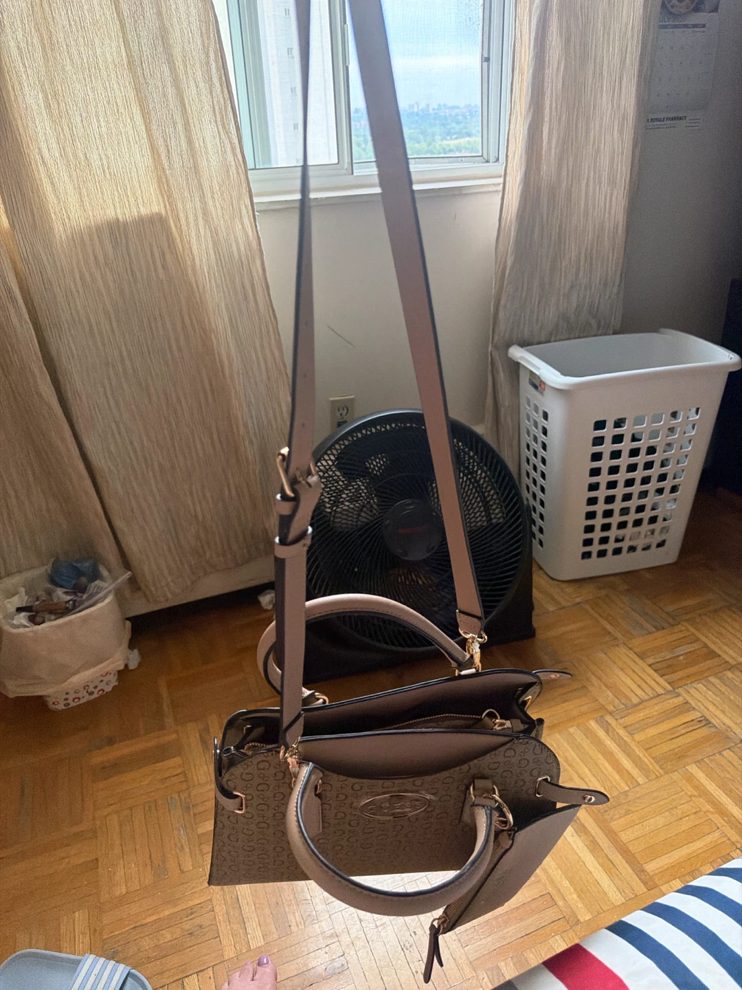 GUESS Brown Monogram Satchel Handbag with Wallet