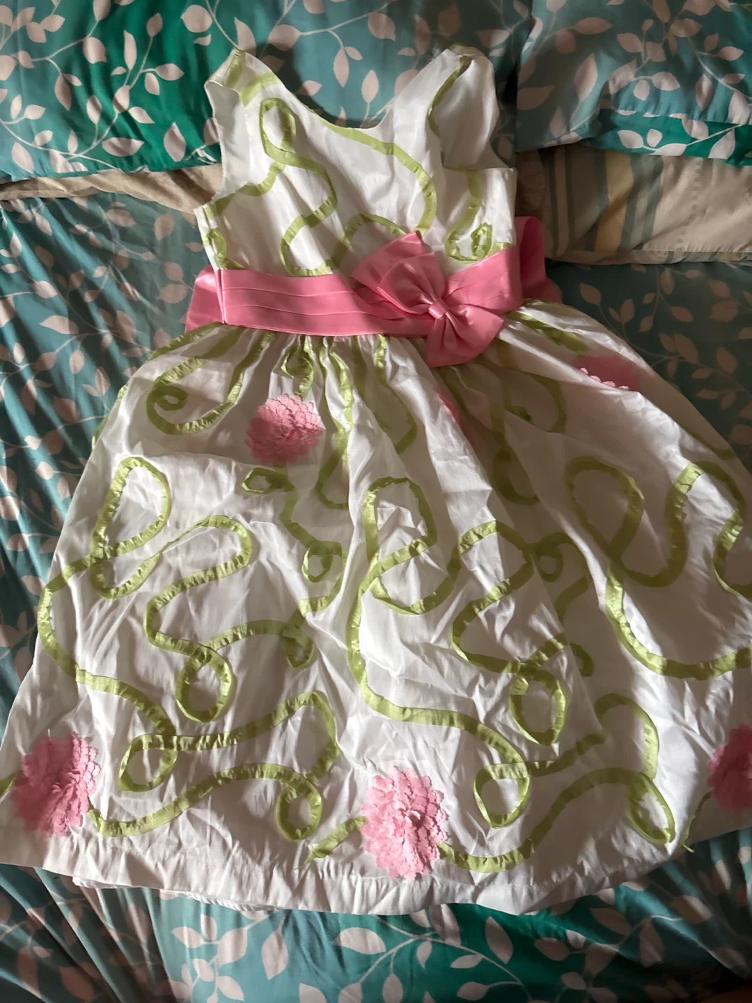 Jayne Copeland White Dress with Pink & Green Ribbon Detail