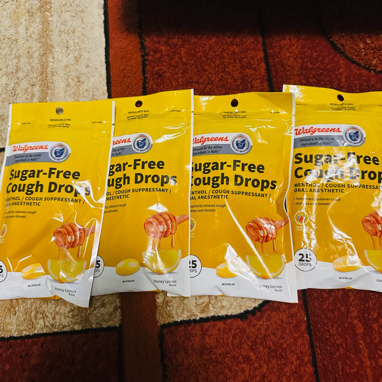 Walgreens Sugar-Free Cough Drops Honey Lemon 4 Bags