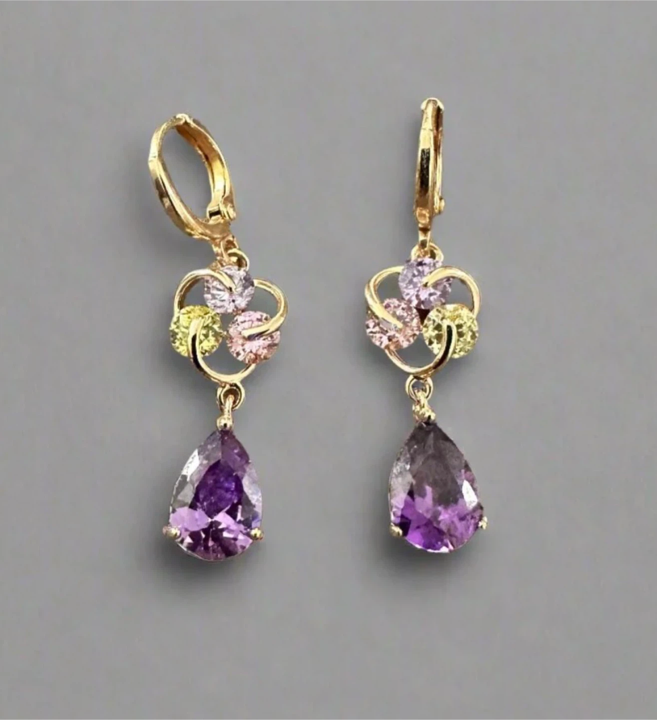 Gold-tone Dangle Earrings with Purple Pear-Cut Gemstones