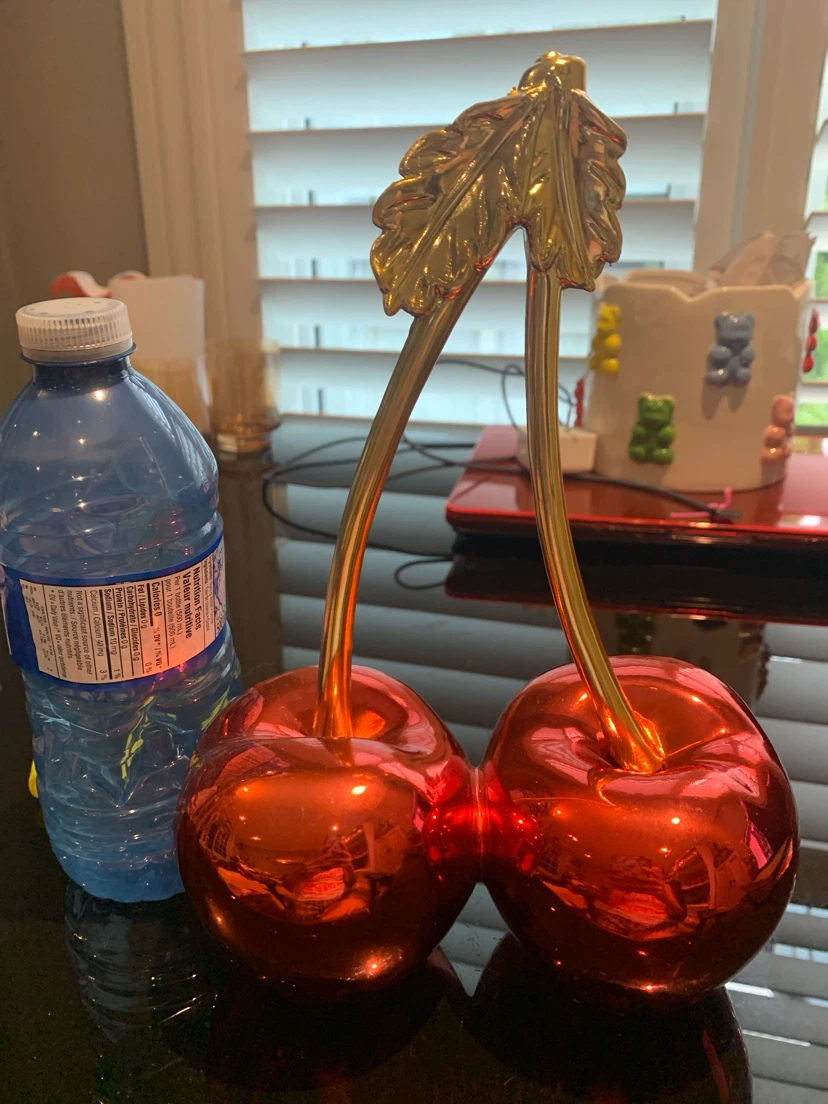 Decorative Red Cherries Sculpture with Gold Stem
