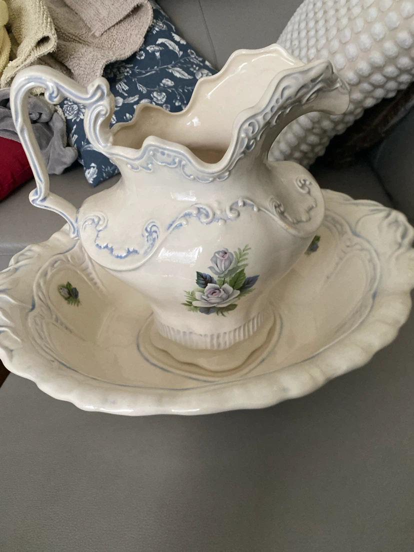 Vintage Cream Rose Pitcher and Basin Set