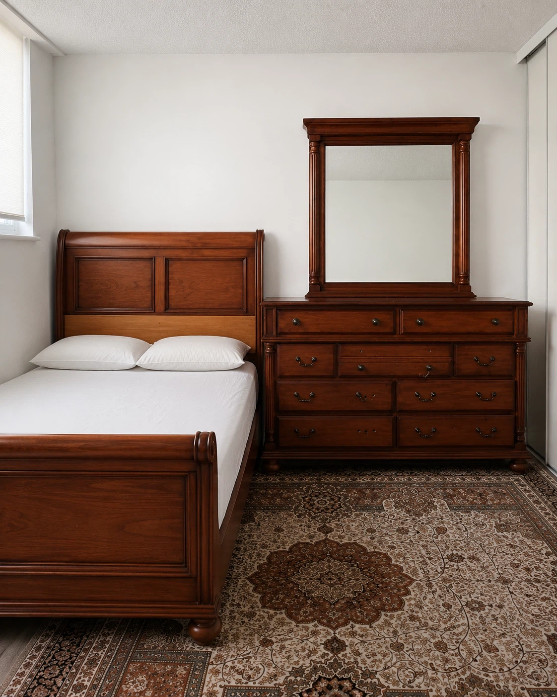 Wooden Dresser with Mirror and Matching Queen Bed