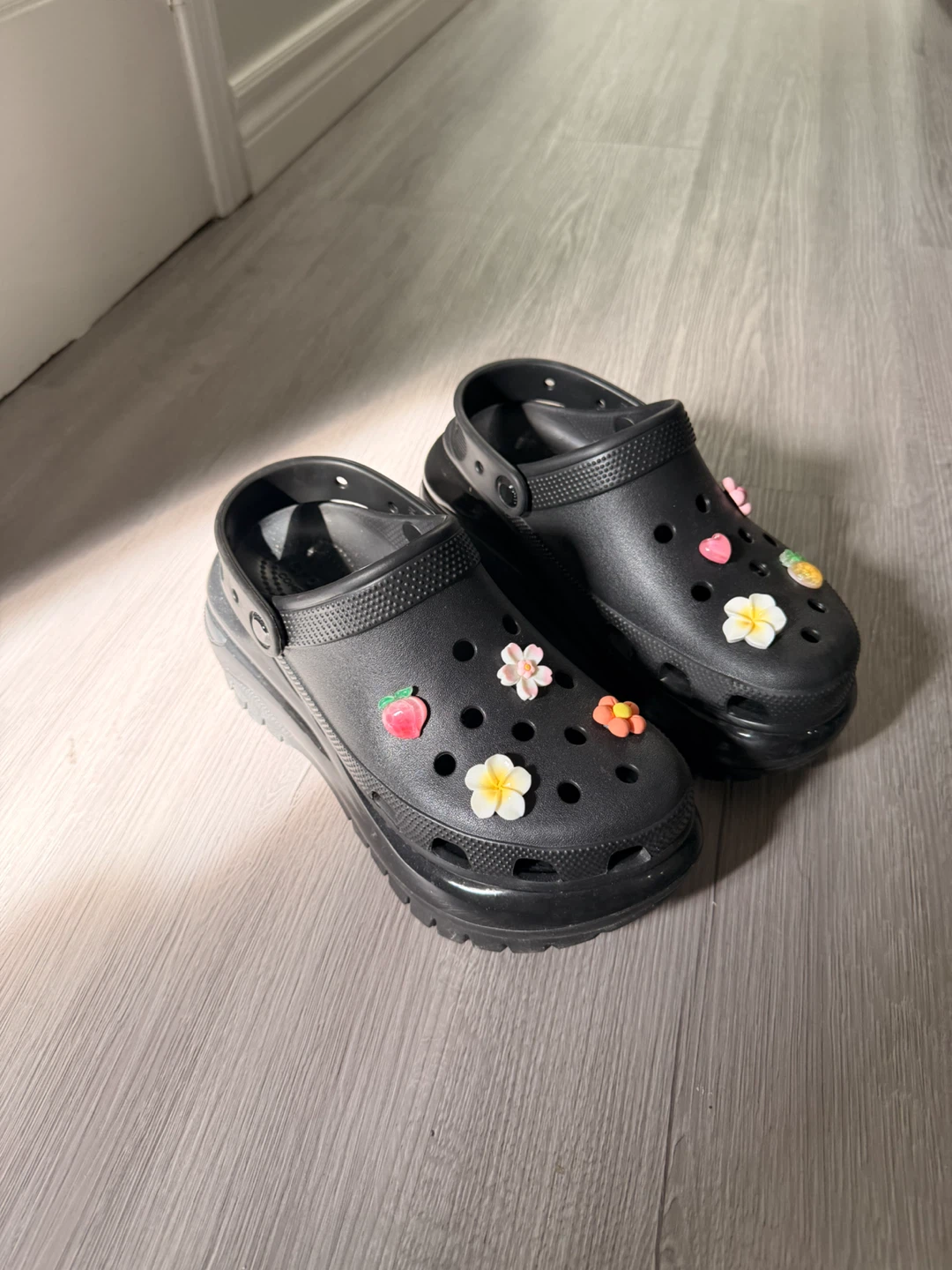 Black Platform Crocs with Flower Charms