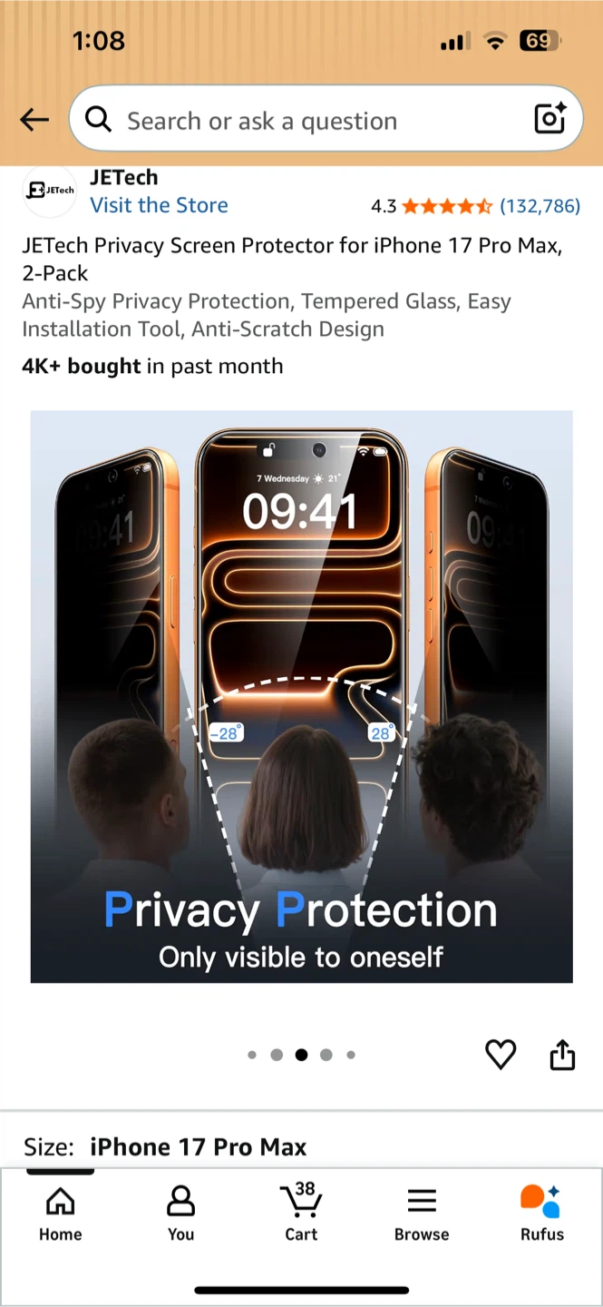 JETech Privacy Screen Protector for iPhone 17 Pro Max, 2-Pack - photo 3