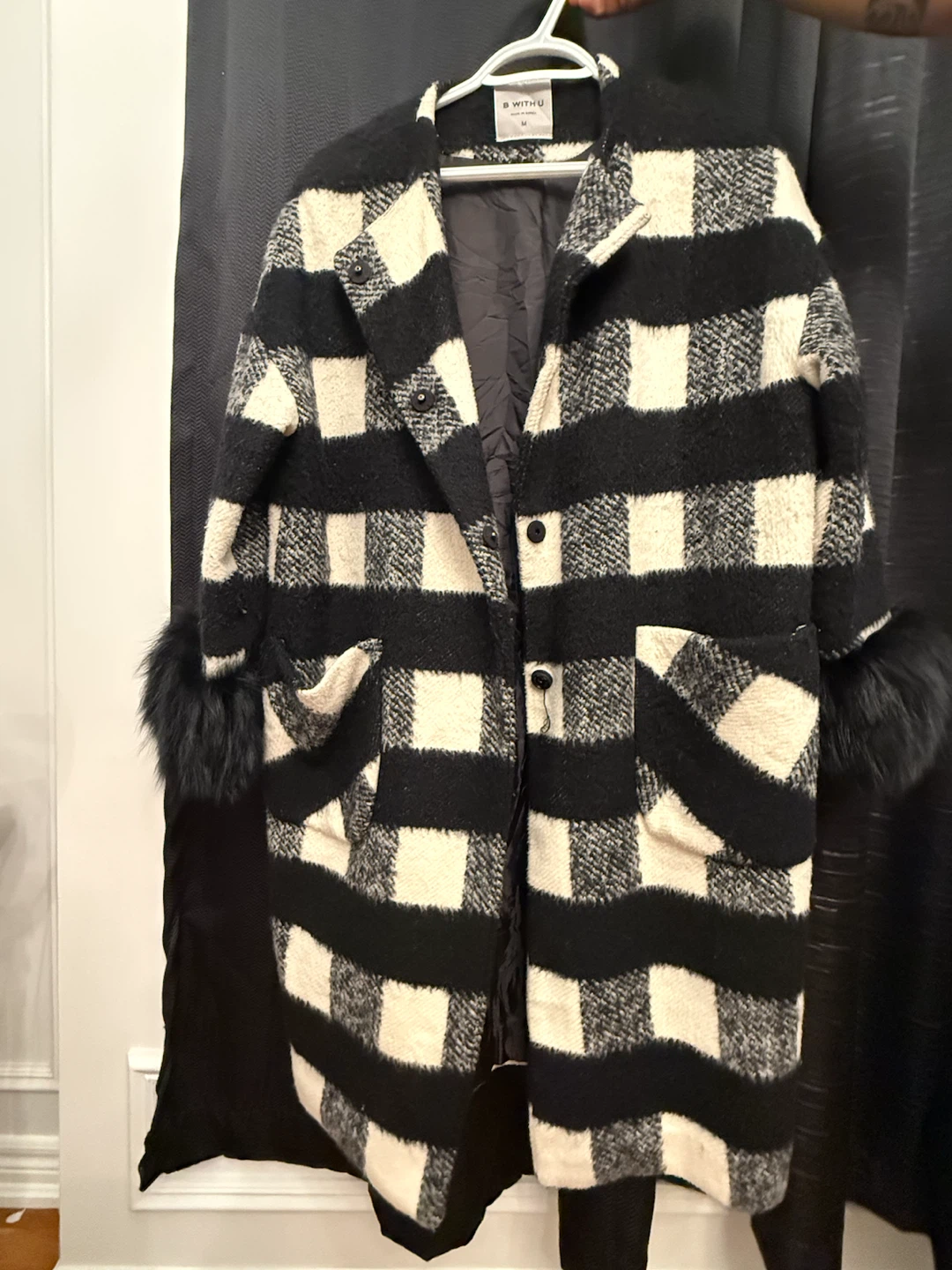 Buffalo Check Coat with Faux Fur Cuffs