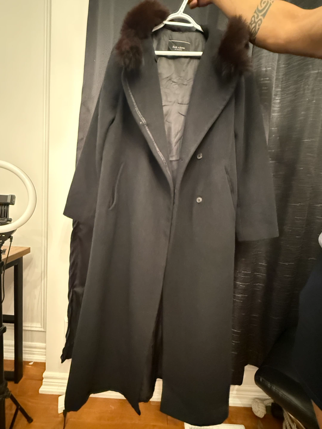 Black Wool Coat with Fur Trim