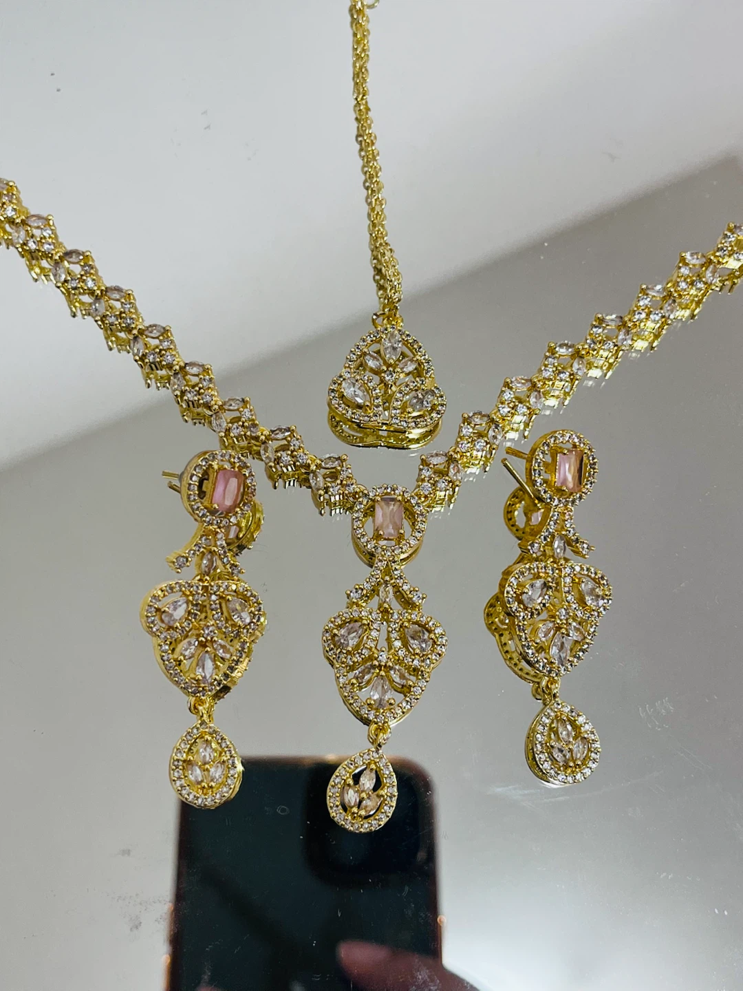 Gold-tone Chandelier Earrings with Pink Stone - photo 3
