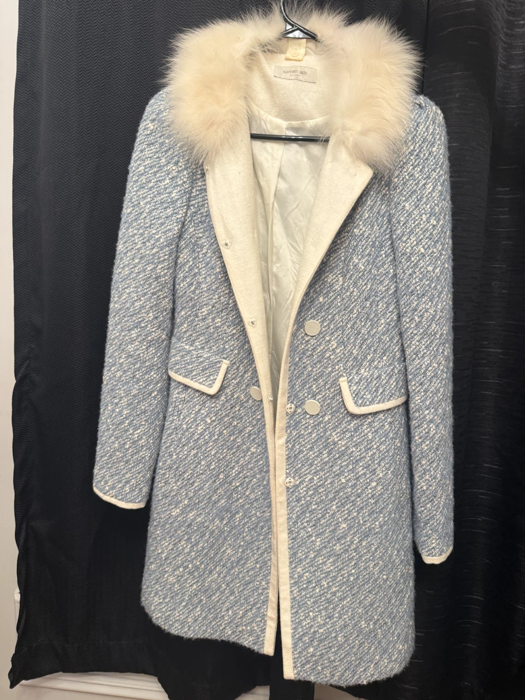 Light Blue Tweed Coat with Fur Collar