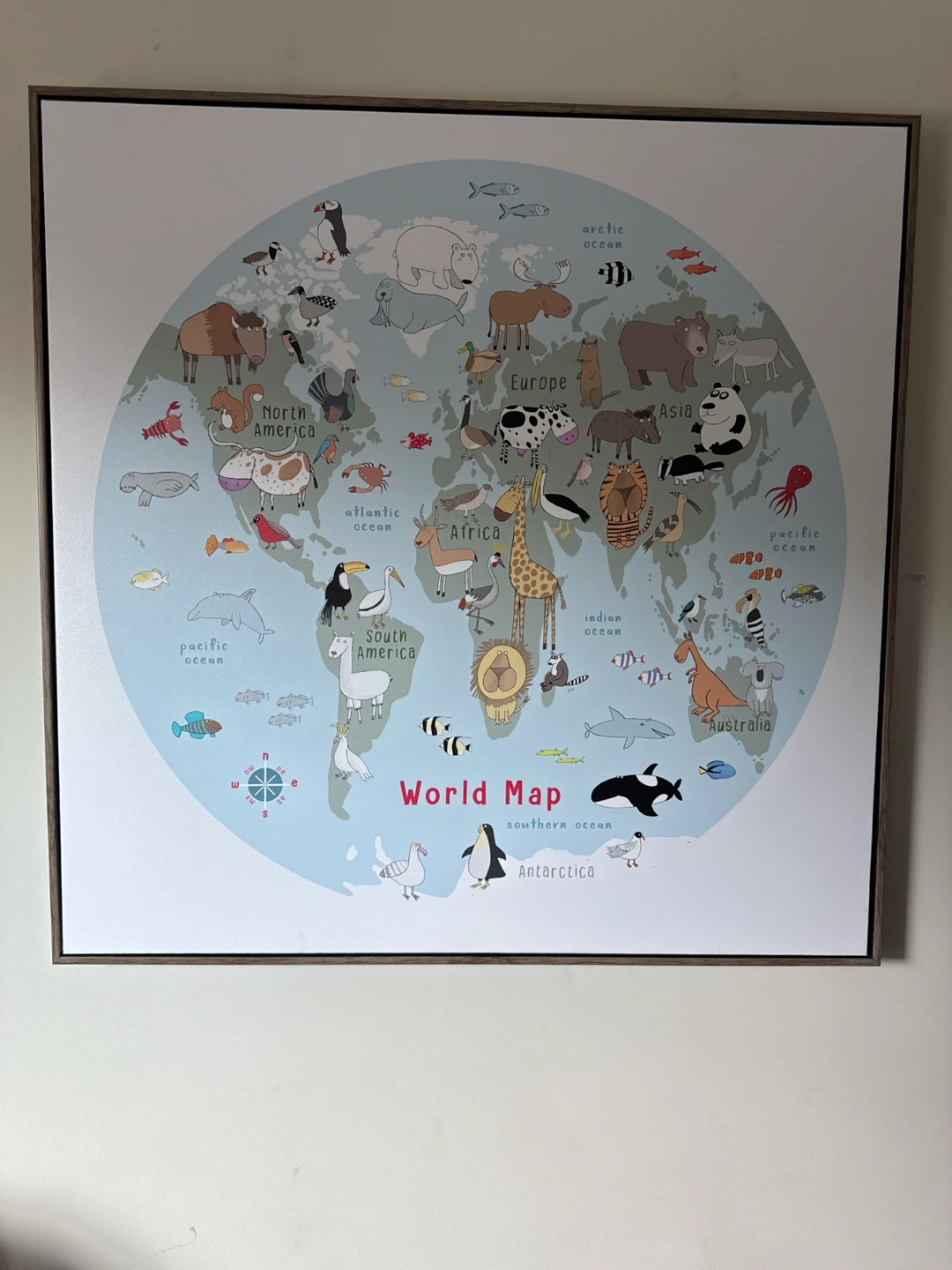 Framed World Map Wall Art with Animals 31”x31”